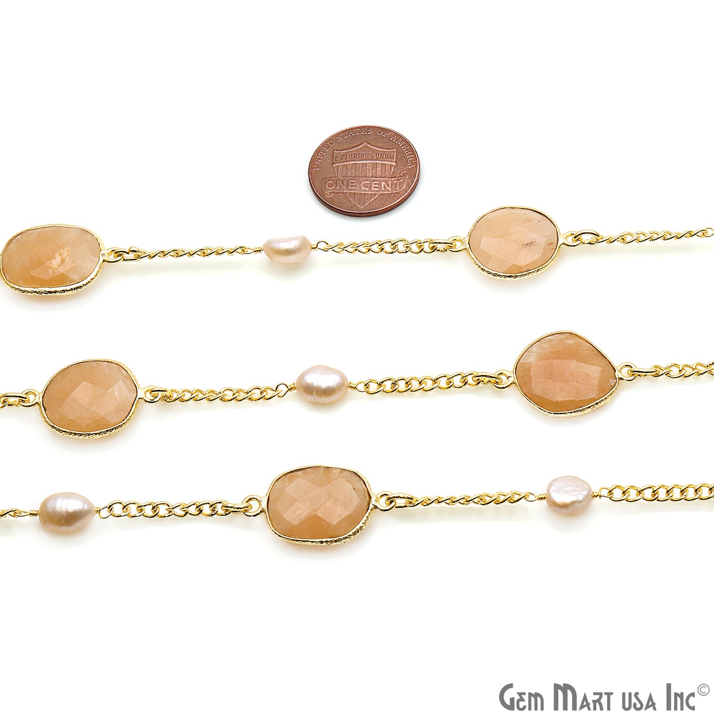Sand Chalcedony & Pearls 10-15mm Faceted Chalcedony Gold Plated Connector Chain - GemMartUSA