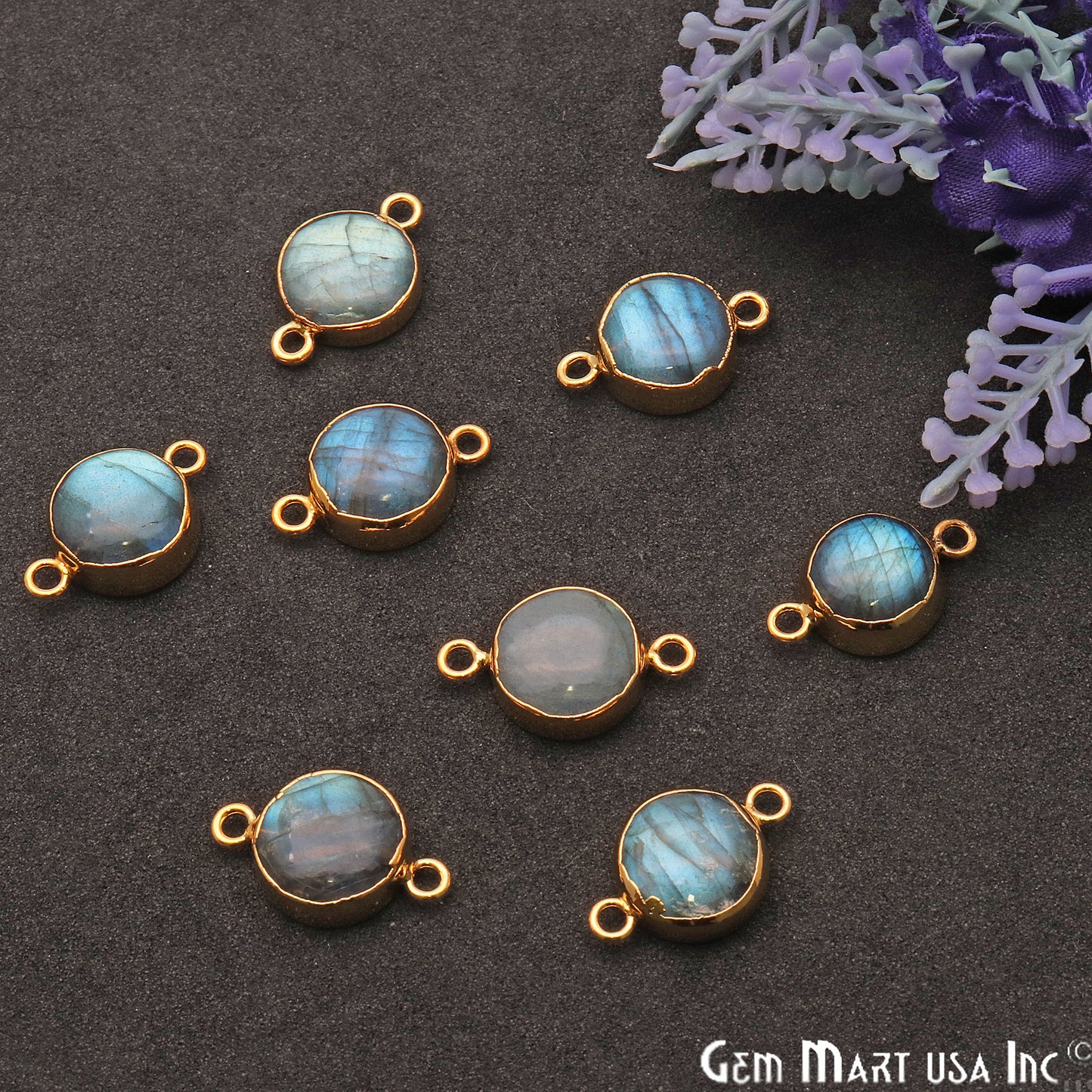 Flashy Labradorite Round Shape Gold Edge 19x12mm Double Bail Connector - GemMartUSA