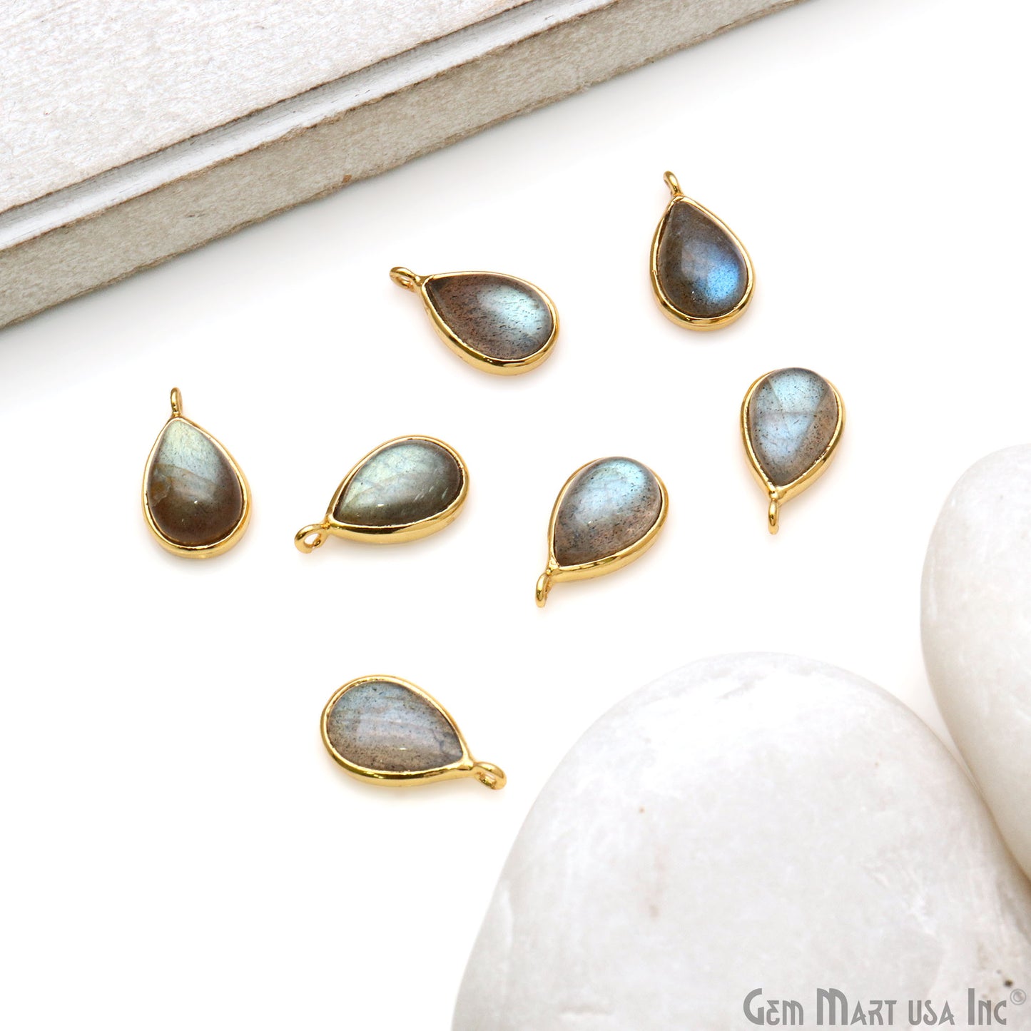 Labradorite Cabochon Pears 8x12mm Gold Plated Gemstone Connector