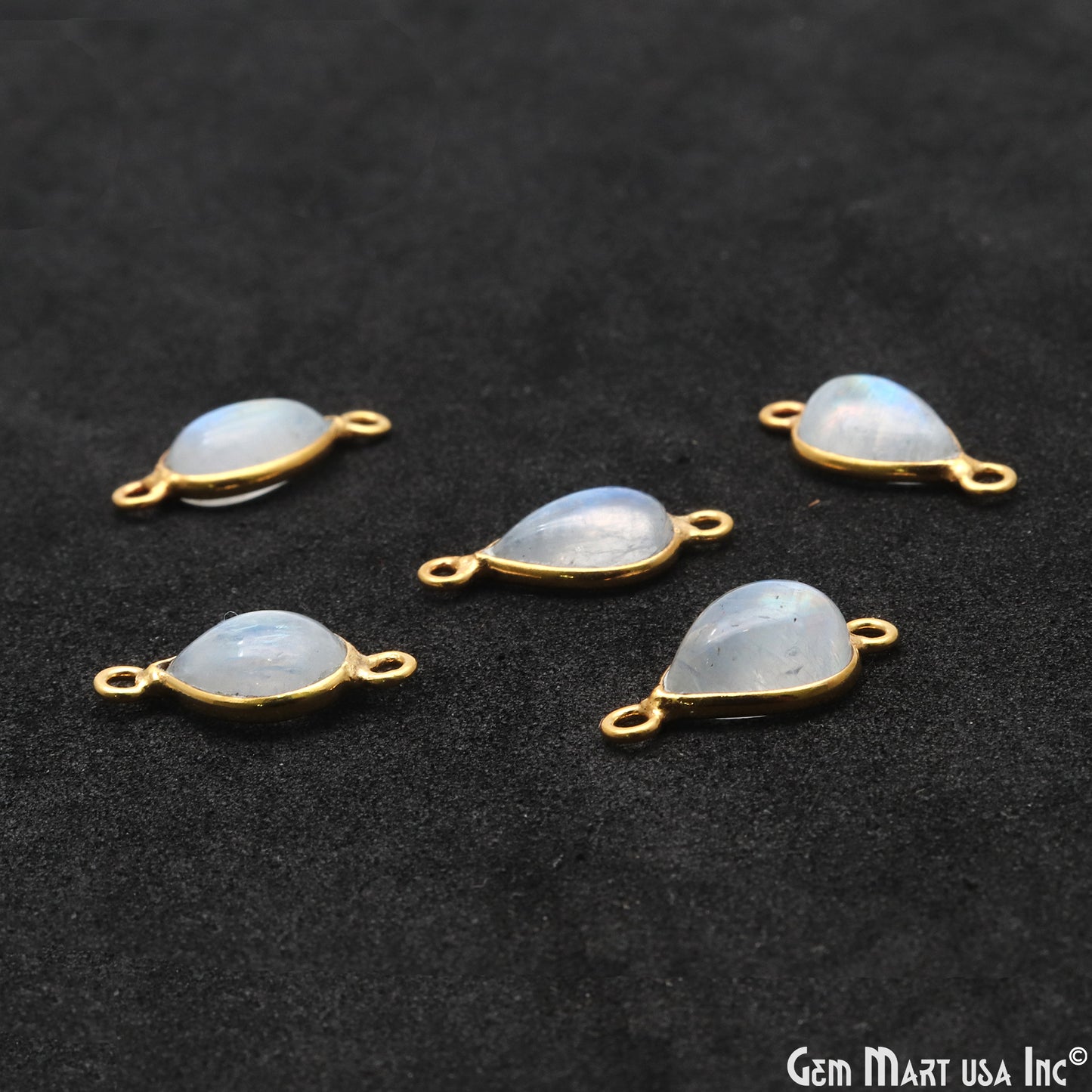 Rainbow Moonstone Cabochon 7x10mm Pears Double Bail Gold Bezel Connector
