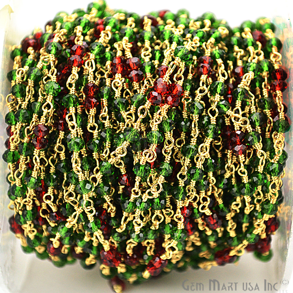 Emerald With Garnet Cubic Zirconia Beads Rosary Chain, Gold Plated Wire Wrapped Rosary Chain