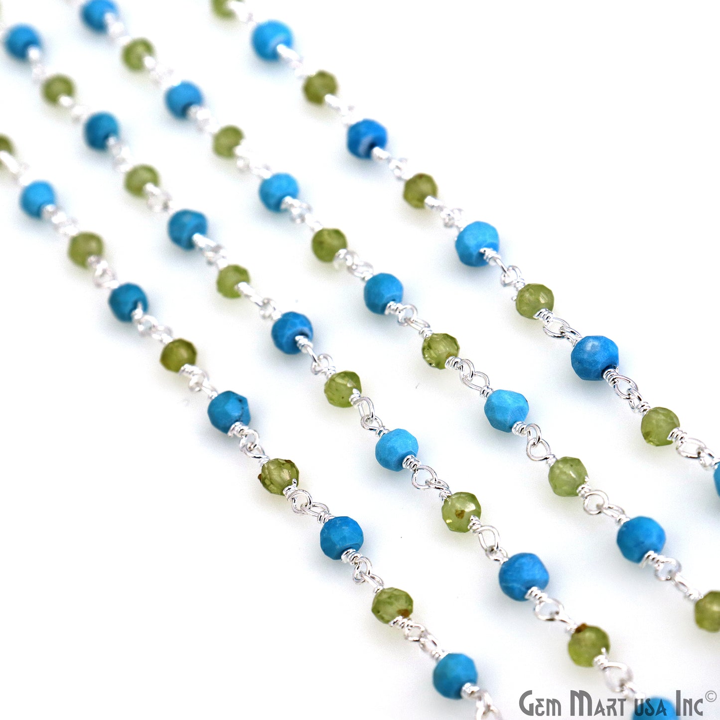 Turquoise & Peridot Bracelet 3-3.5mm Silver Plated Wire Beads Rosary Chain