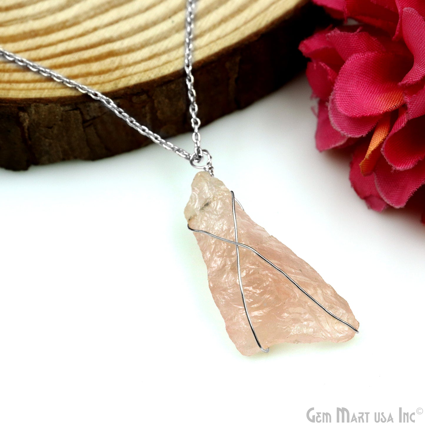 Rose Quartz Rough Gemstone 34x10mm Wire Wrapped Necklace Pendant