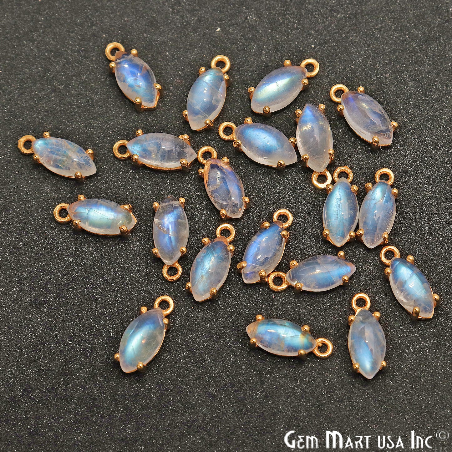 Rainbow Moonstone Cabochon 12x5mm Marquise Prong Gold Plated Bail Connector - GemMartUSA