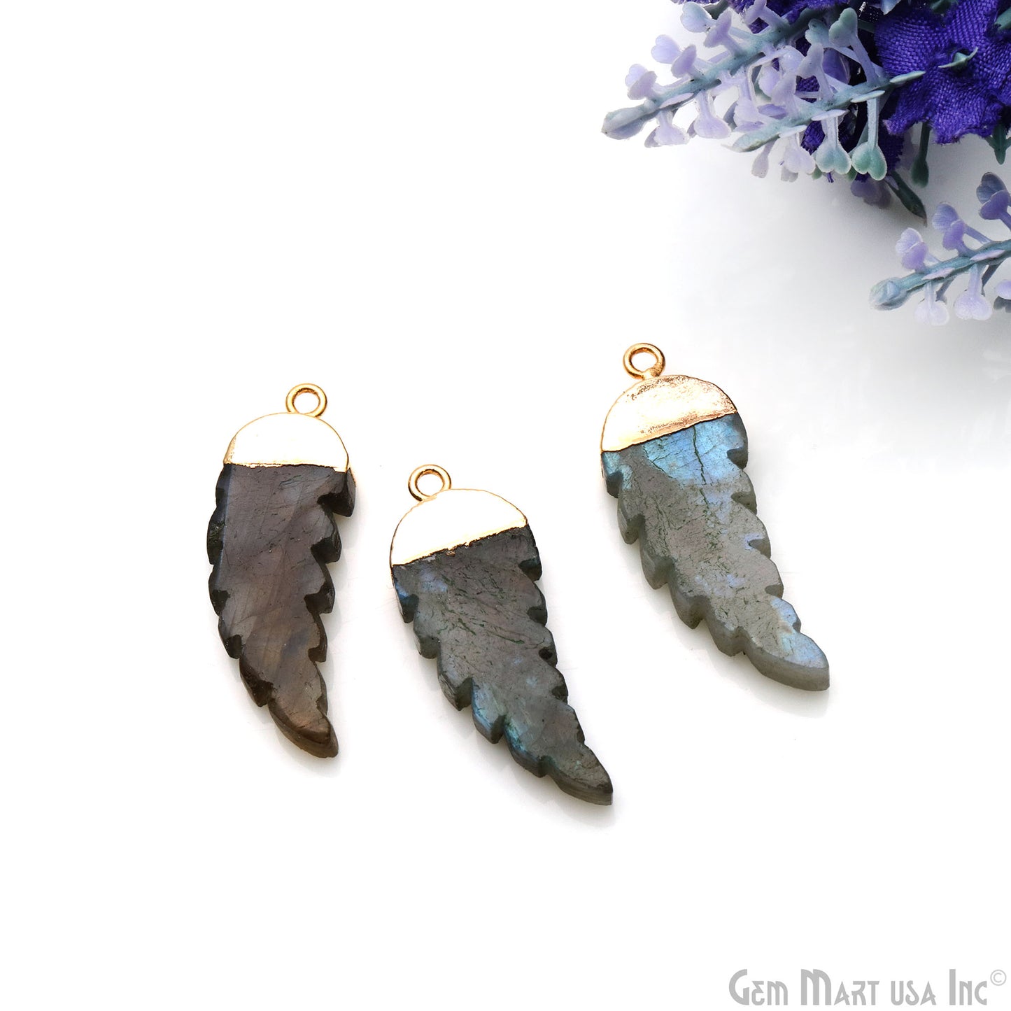 Labradorite 34x13mm Gold Electroplated Angel Wings Gemstone Connector Pendant