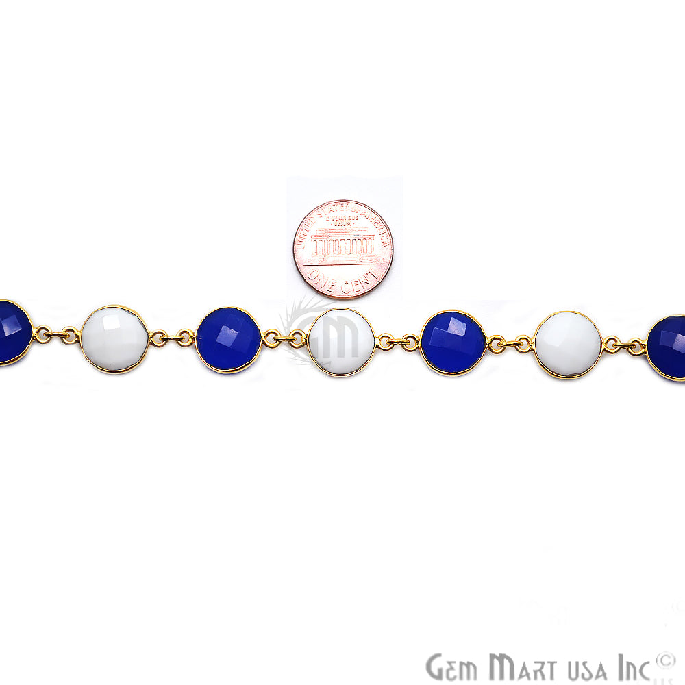 Blue Chalcedony & White Agate 12mm Round Gold Bezel Continuous Connector Chain - GemMartUSA (764267659311)