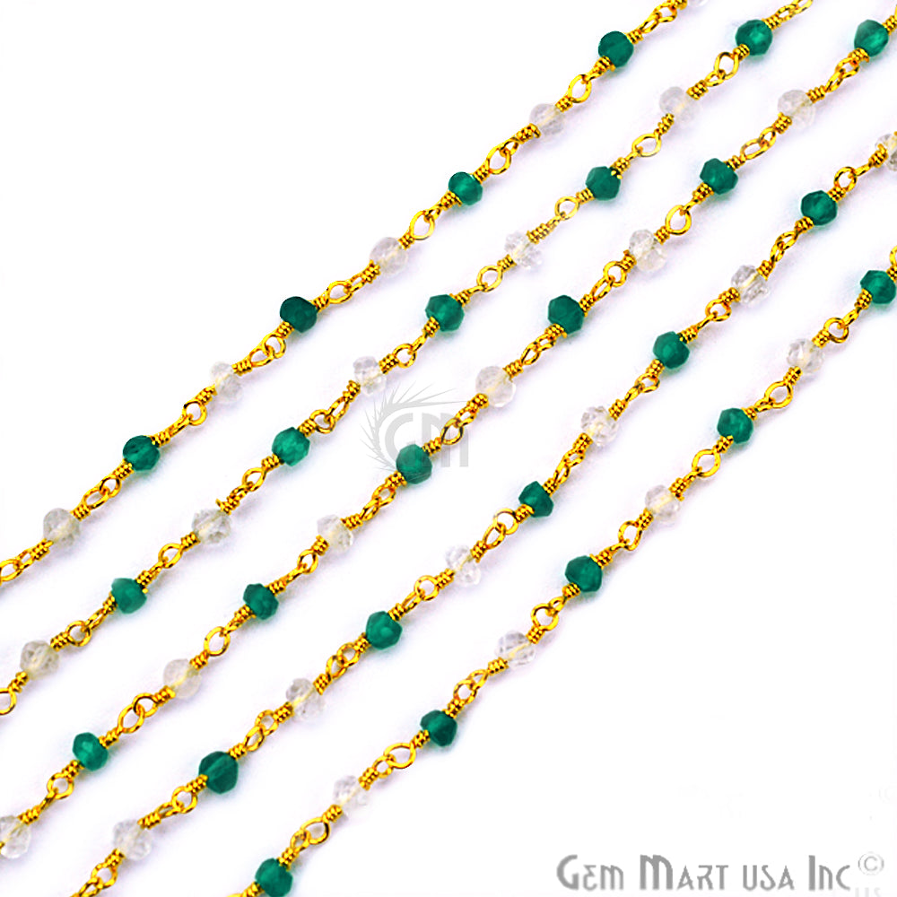Green Onyx With Crystal Beads Rosary Chain, Gold Plated Wire Wrapped Rosary Chain