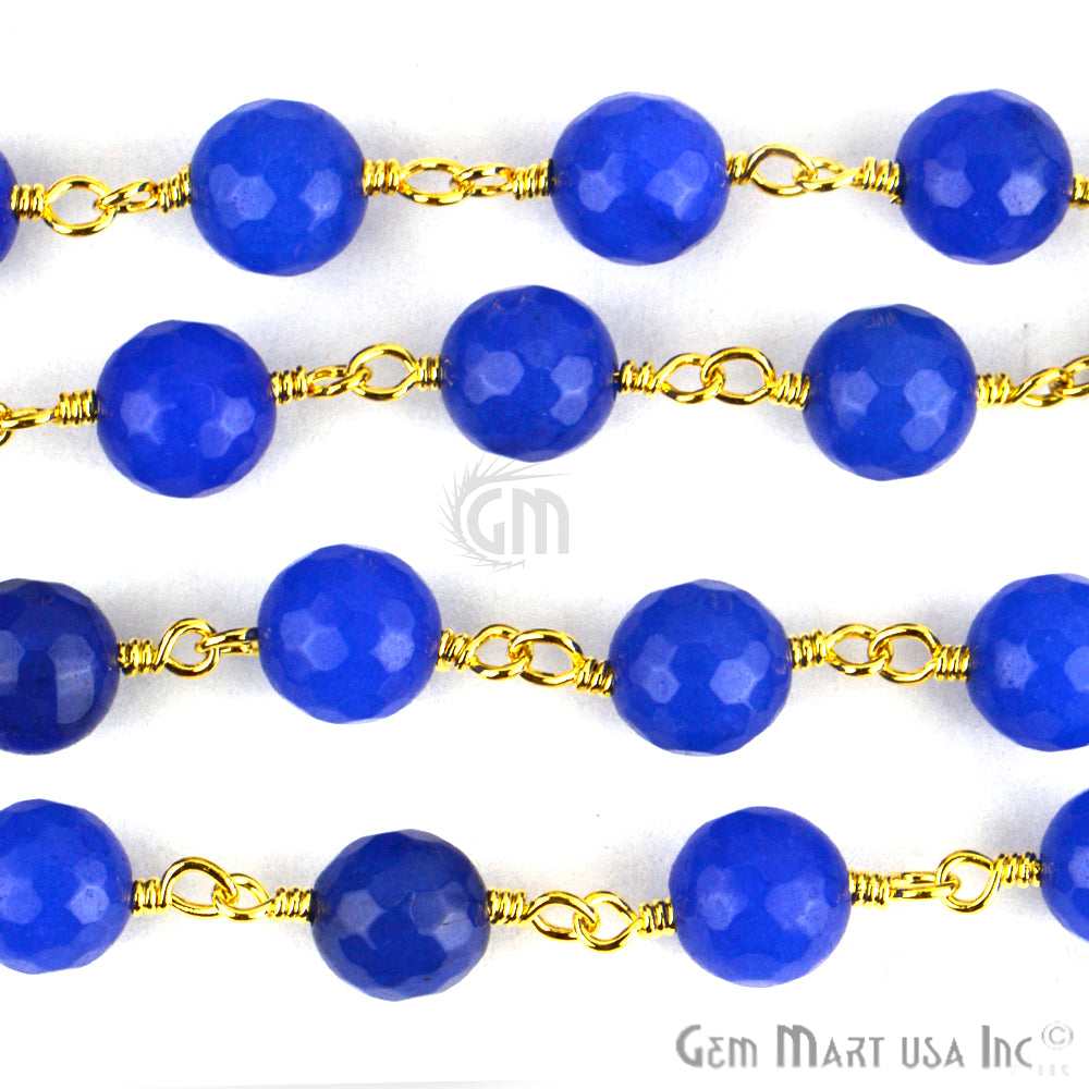 Blue Jade 8mm Beads Gold Plated Wire Wrapped Rosary Chain - GemMartUSA (762910638127)