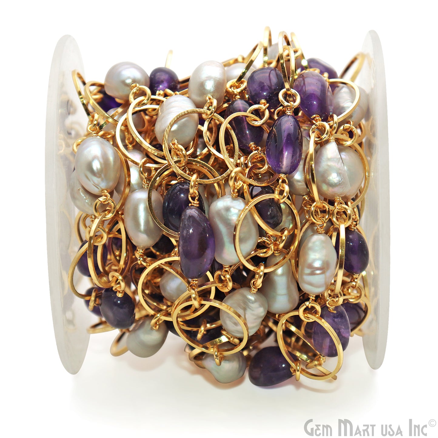 Amethyst & Pearl With Gold Plated Round Finding Rosary Chain