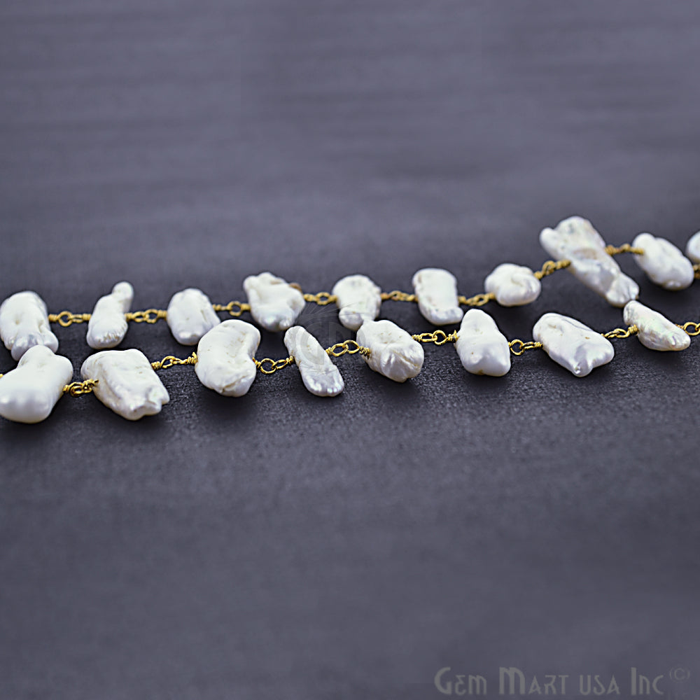 White Pearl 16-20mm Gold Plated Wire Wrapped Rosary Chain - GemMartUSA