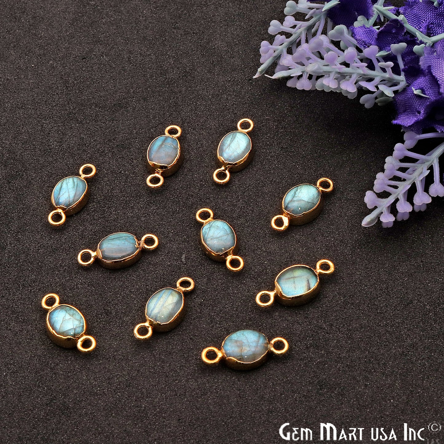 Flashy Labradorite Oval Shape Gold Edge 17x7mm Double Bail Connector - GemMartUSA