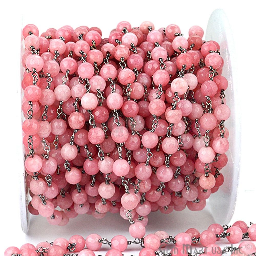 Pink Sunstone Beads 6mm Oxidized Wire Wrapped Rosary Chain - GemmartUSA