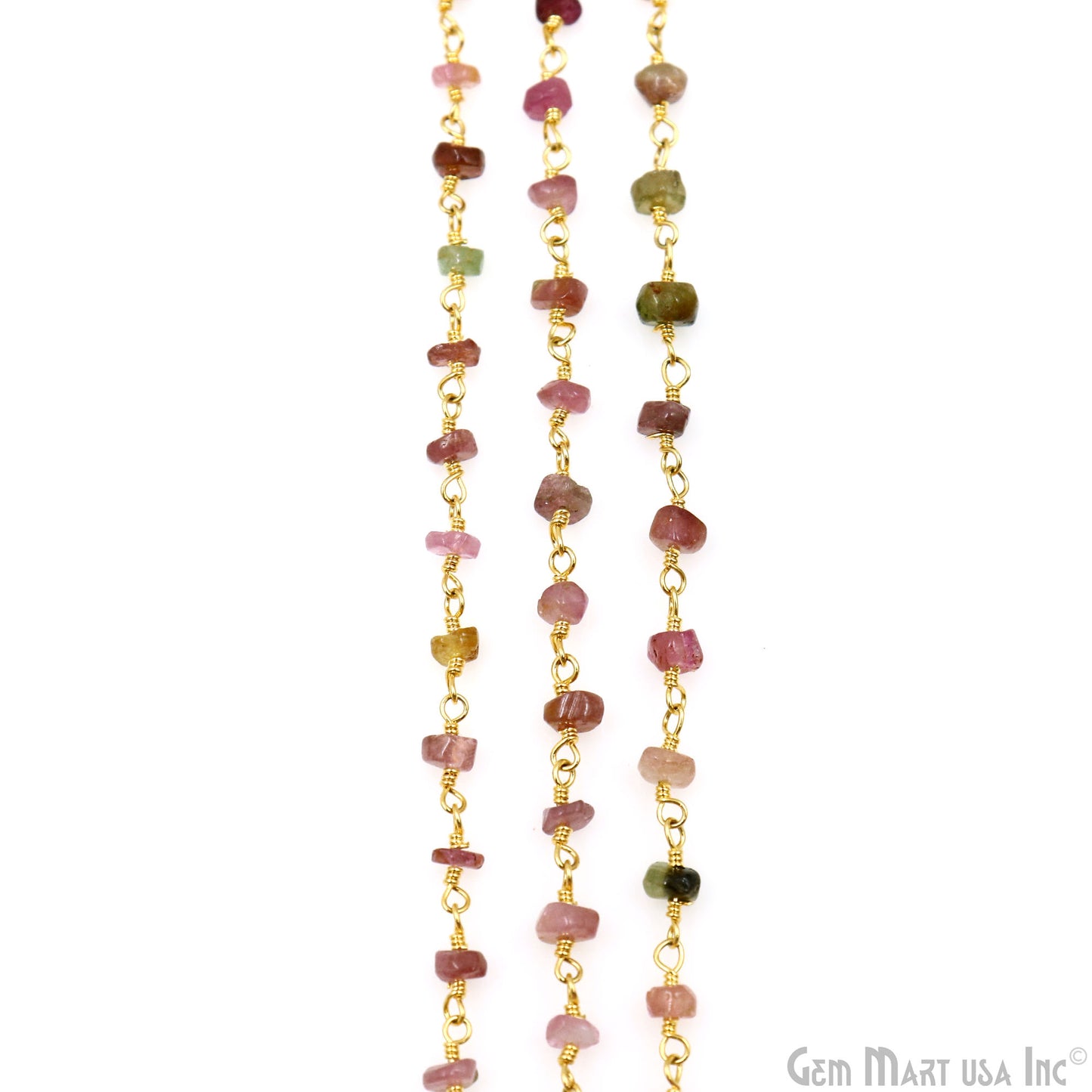 Multi Tourmaline Cabochon 3-3.5mm Gold Wire Wrapped Rosary Chain