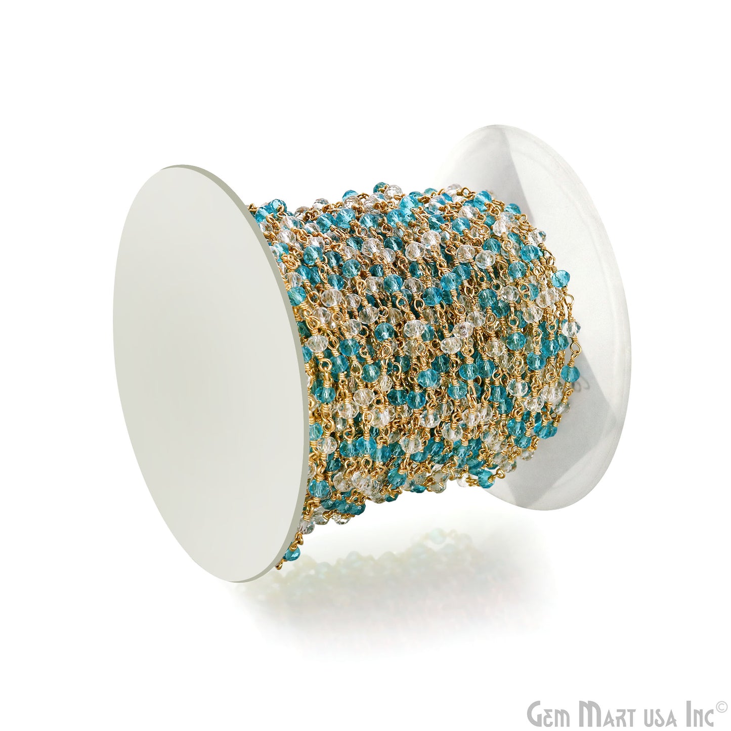 White & Blue Cubic Zirconia Gold Plated Wire Wrapped Rosary Chain