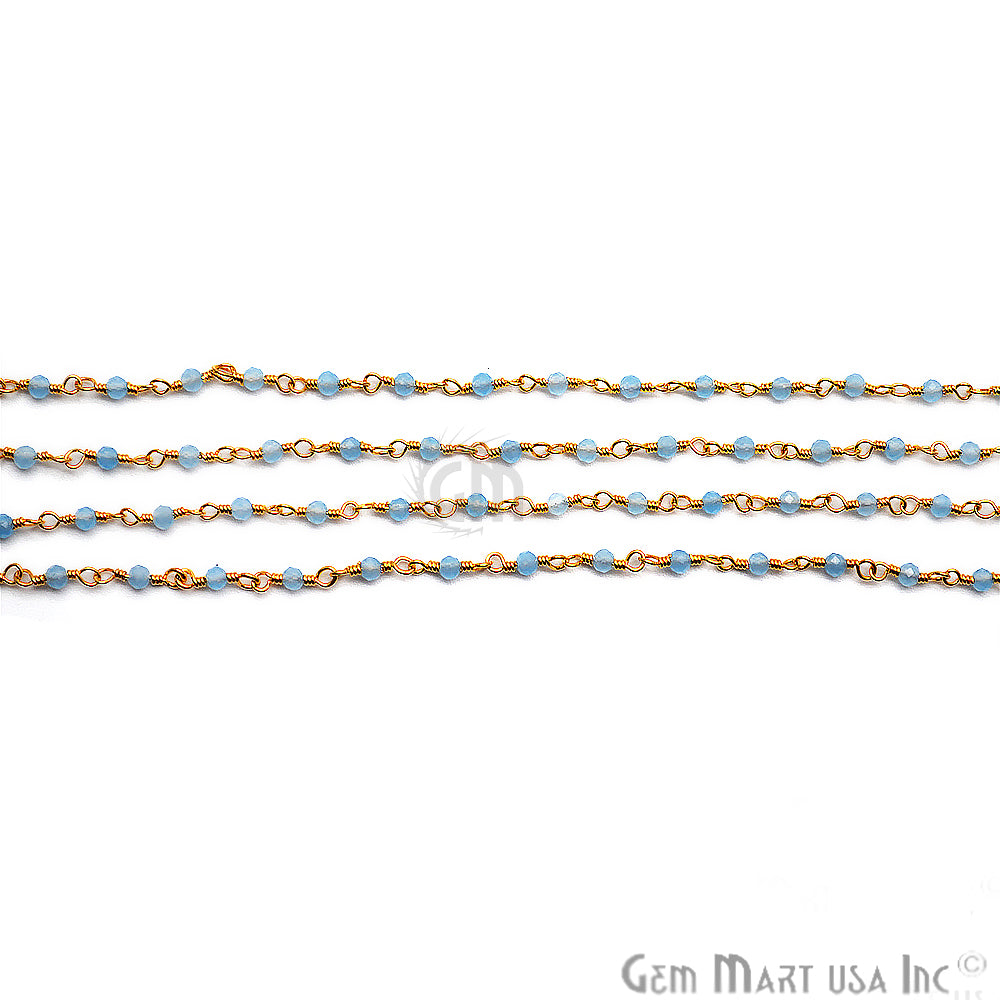 Light Blue Chalcedony Gold Plated Wire Wrapped Gemstone Beads Rosary Chain - GemMartUSA (762912997423)
