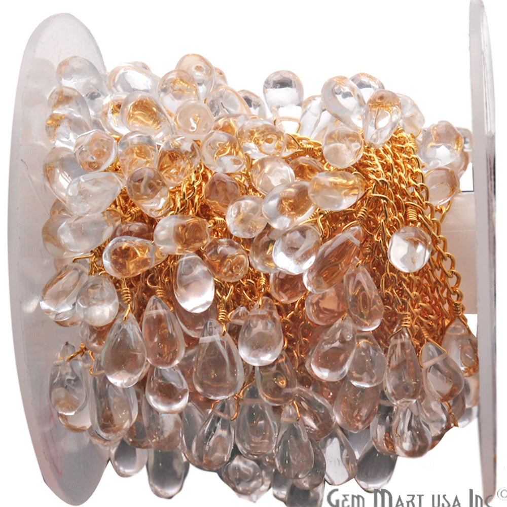 Crystal Tear Drop Beaded Gold Wire Wrapped Dangle Rosary Chain - GemmartUSA