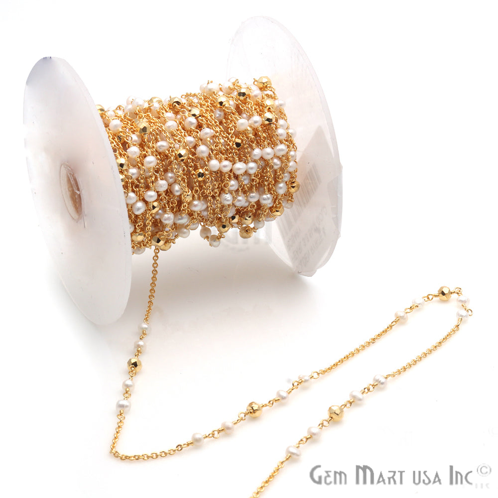 Golden Pyrite & Pearl Multi Gemstone Beaded Wire Wrapped Rosary Chain - GemmartUSA