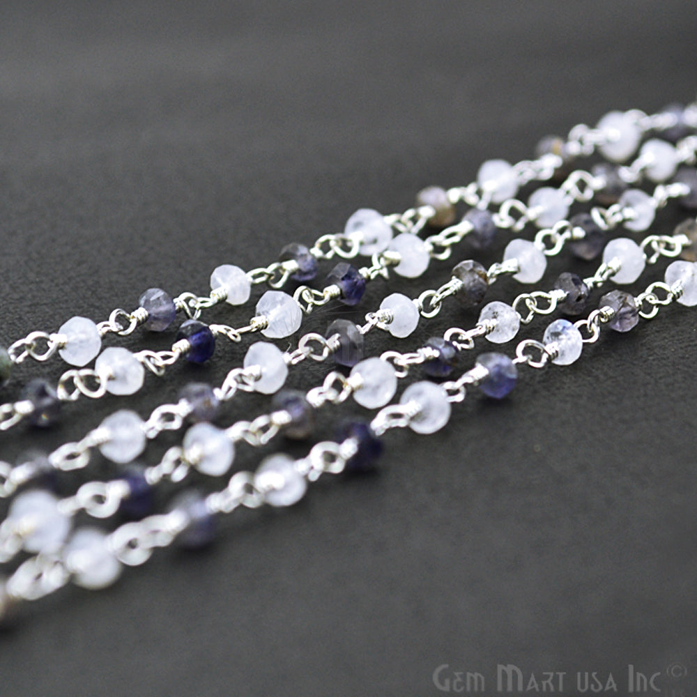 Rainbow With Iolite 3-3.5mm Silver Plated Wire Wrapped Rosary Chain