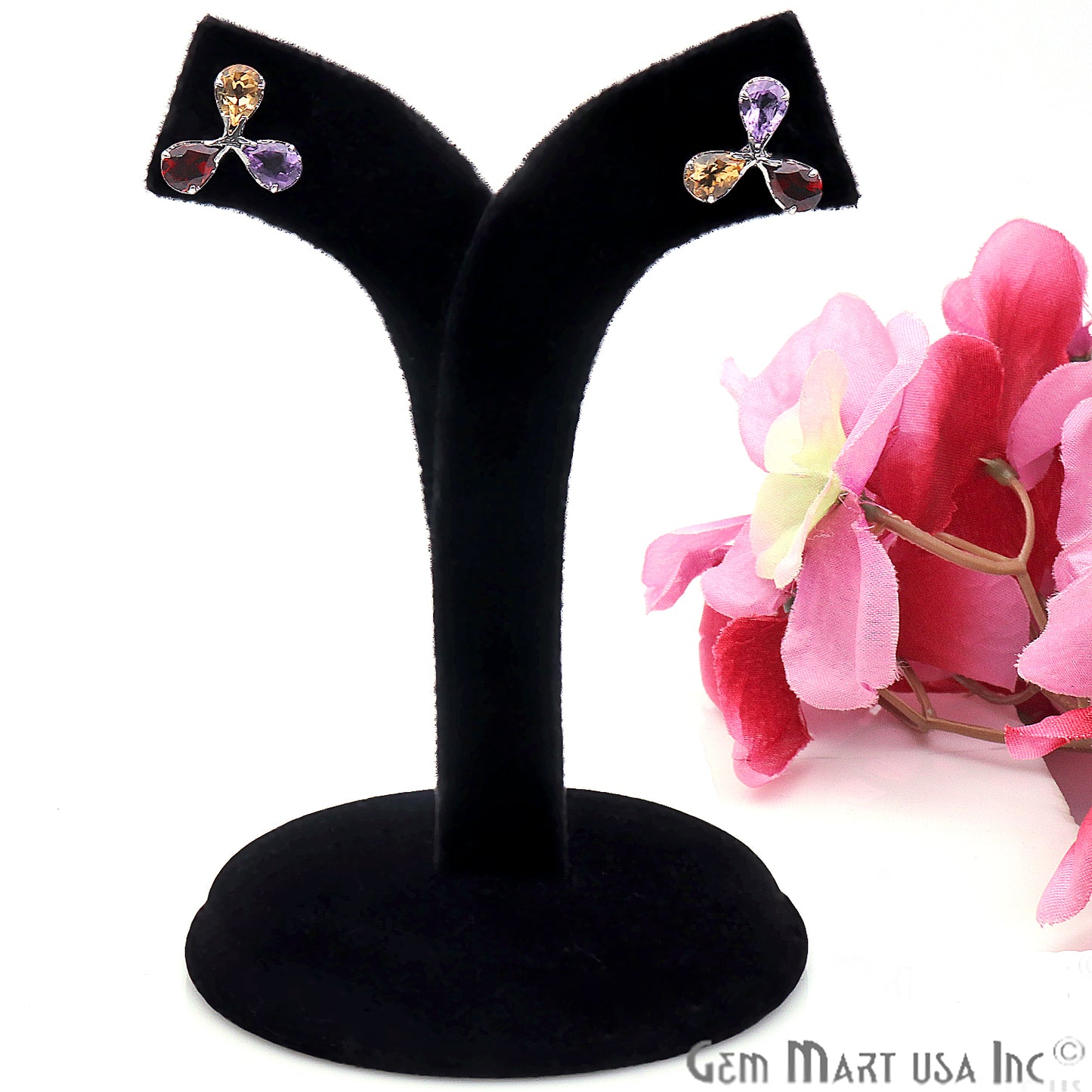 Multi Color 16x11mm Sterling Silver Flower Shape Prong Setting Stud Earring - GemMartUSA