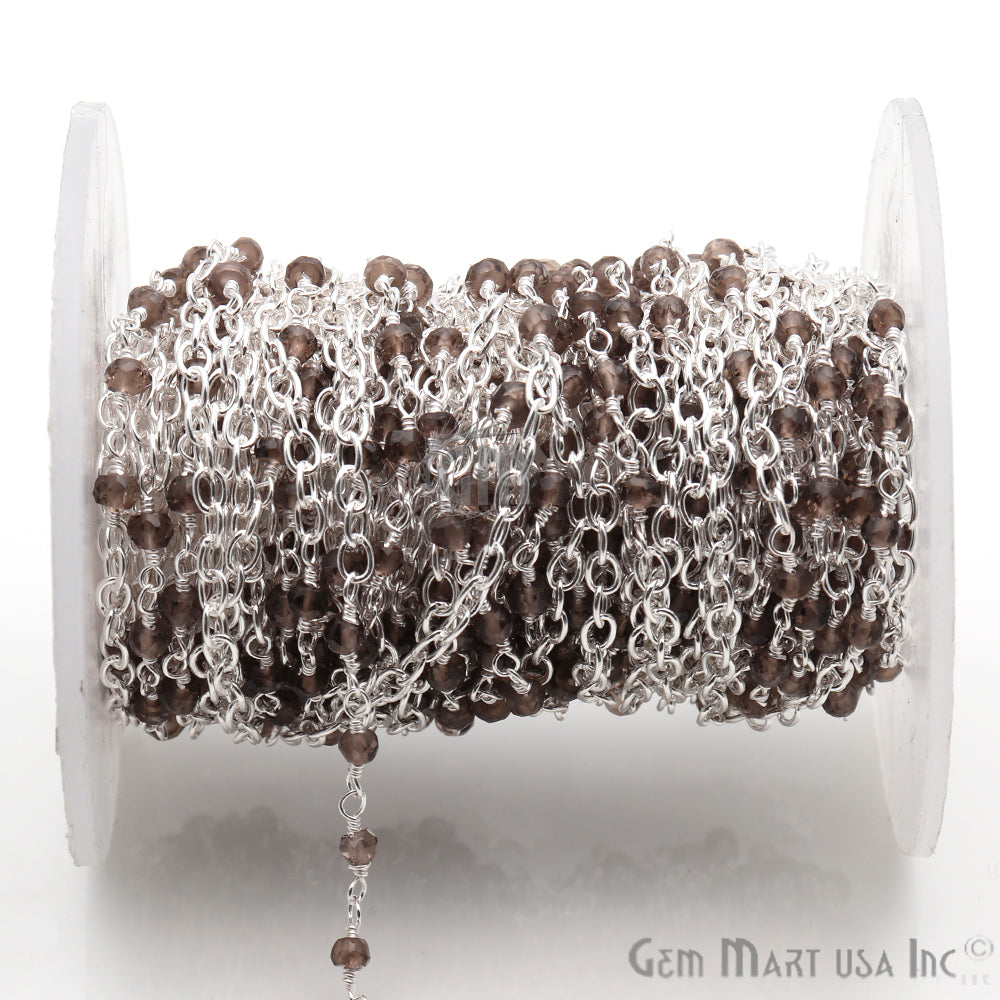 Smoky Topaz Beads Gemstone Beaded Silver Plated Wire Wrapped Link Rosary Chain - GemmartUSA