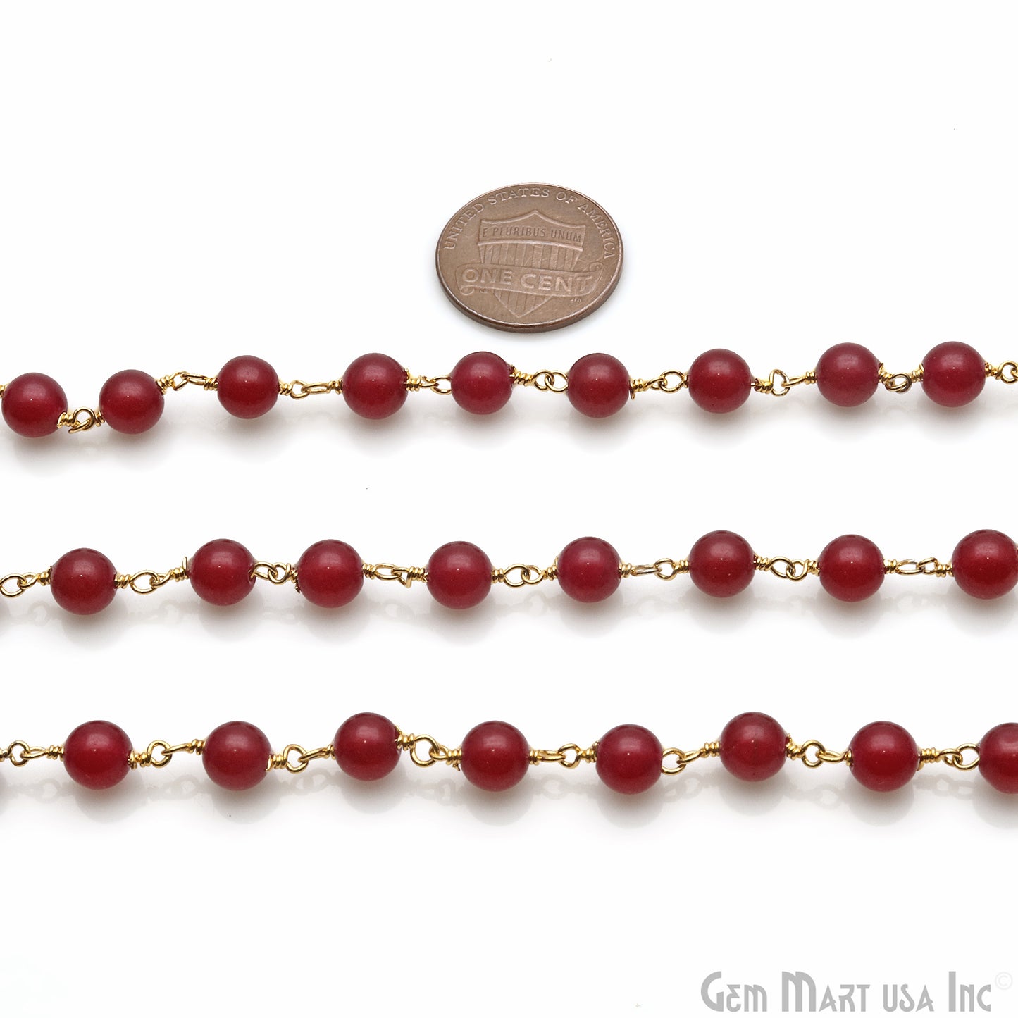 Ruby Cabochon Beads 6mm Gold Wire Wrapped Rosary Chain - GemMartUSA