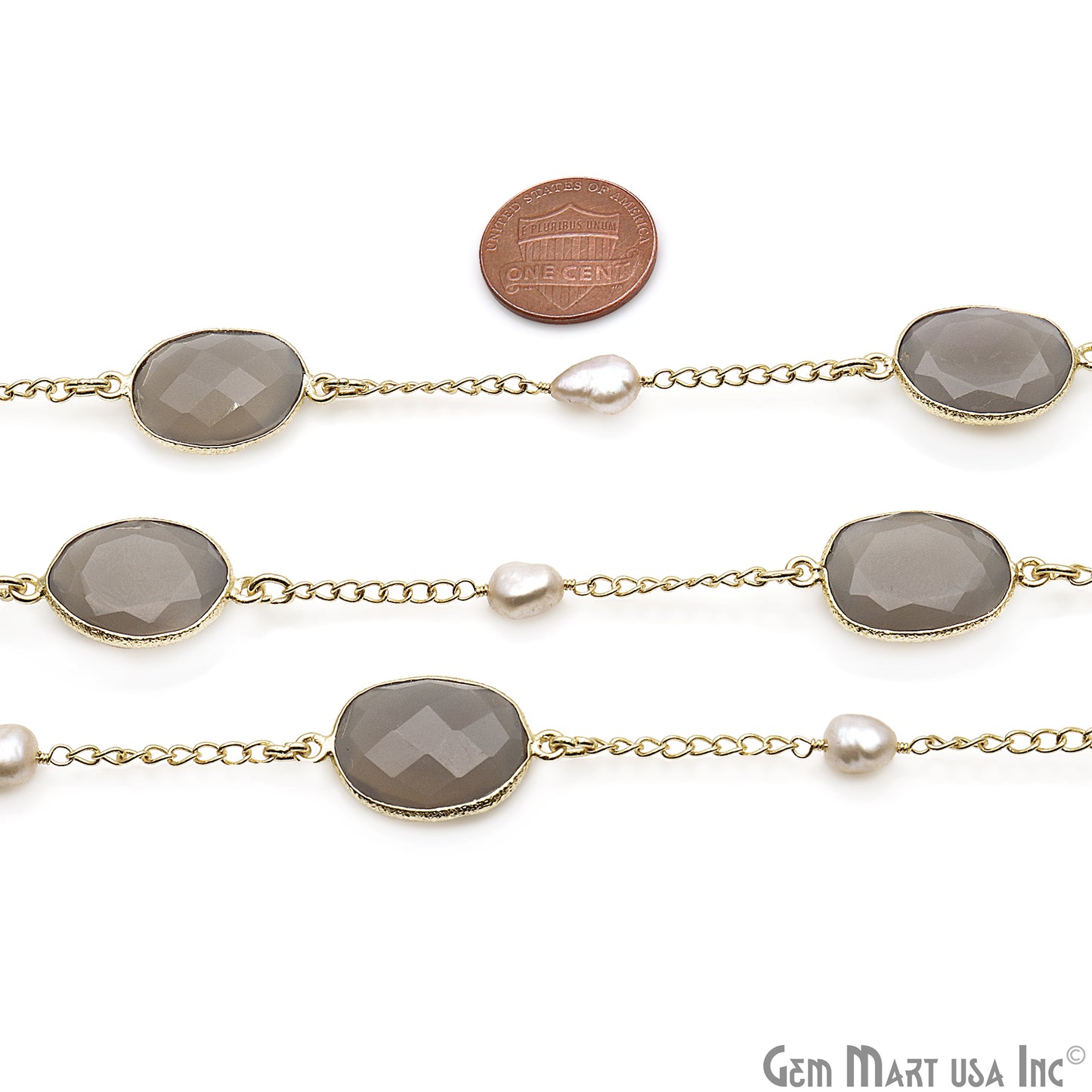 Smoky Chalcedony & Pearls Faceted Gold Plated Connector Chain - GemMartUSA