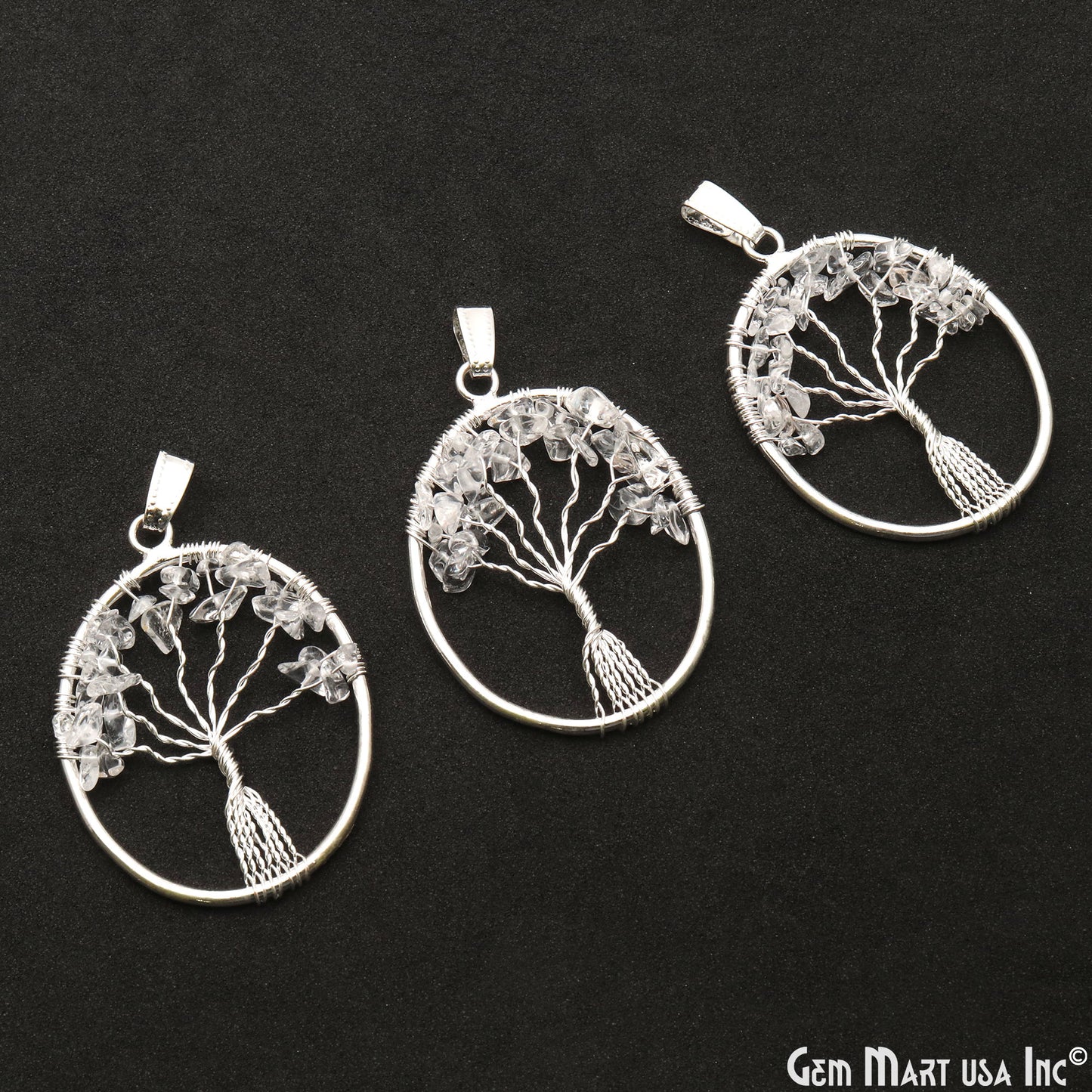 Tree of Life Crystal Oval Silver Wire Wrapped 46x35mm Chakra Pendant