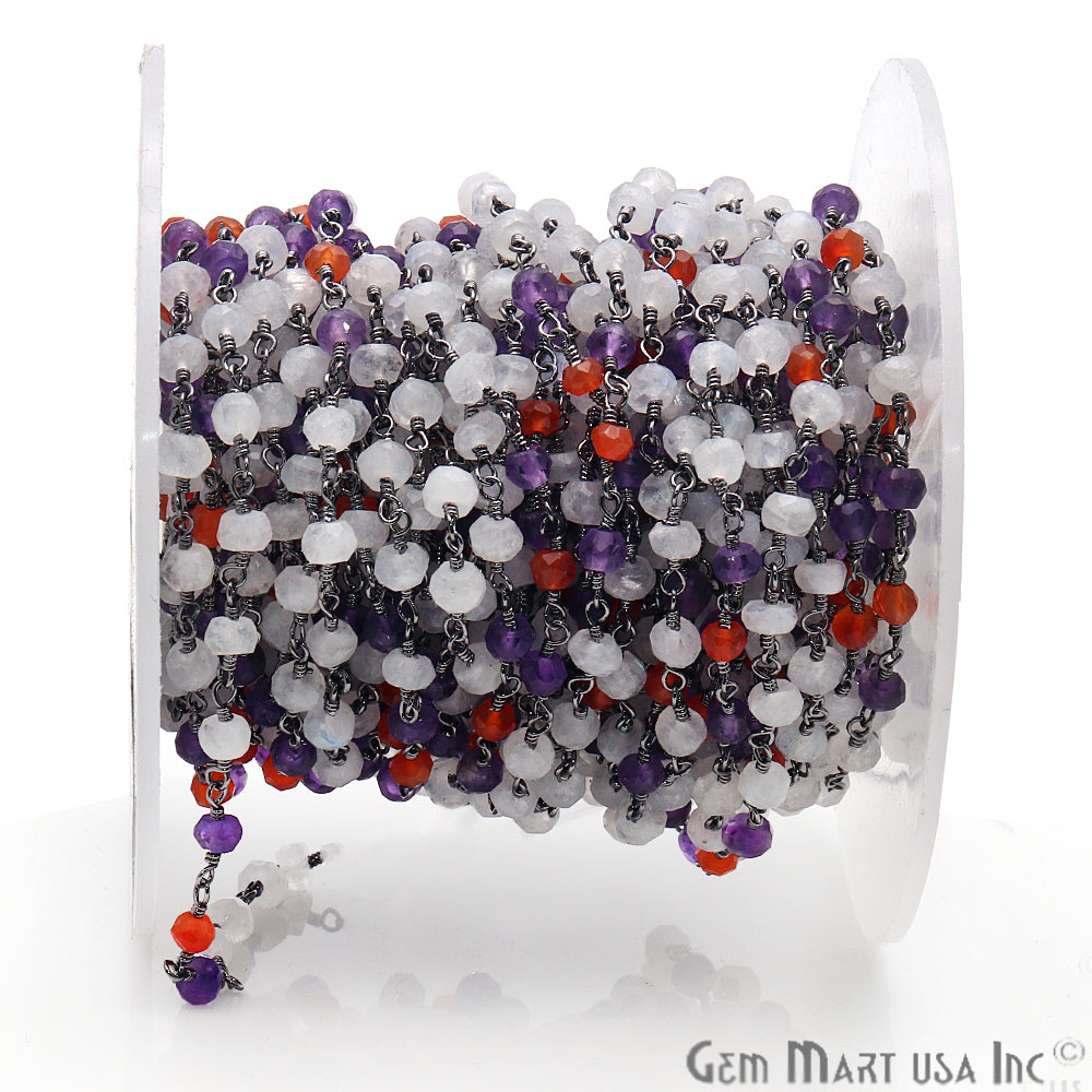 Carnelian, Amethyst & Rainbow Moonstone Multi Gemstone Beaded Wire Wrapped Rosary Chain - GemmartUSA