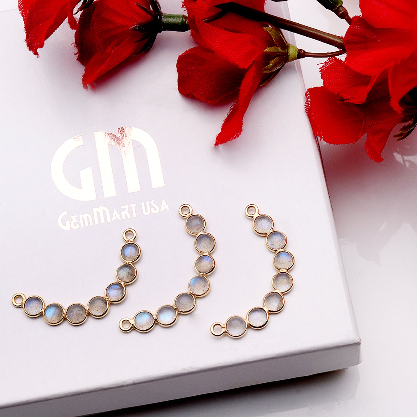 DIY, Labradorite Gold Plated 30X5mm Smiley Chandelier Finding Component - GemMartUSA