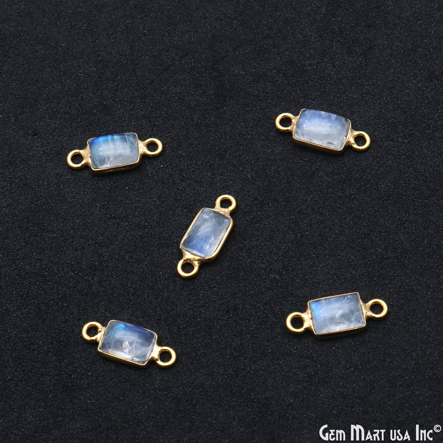 Rainbow Moonstone Cabochon 6x8mm Rectangle Double Bail Gold Bezel Connector