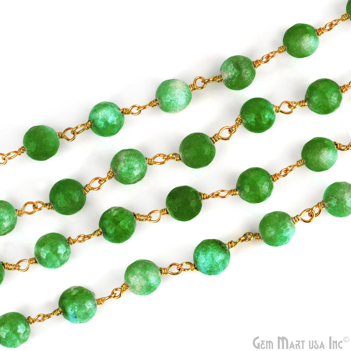 Light Green Jade Faceted Beads 8mm Gold Plated Wire Wrapped Rosary Chain