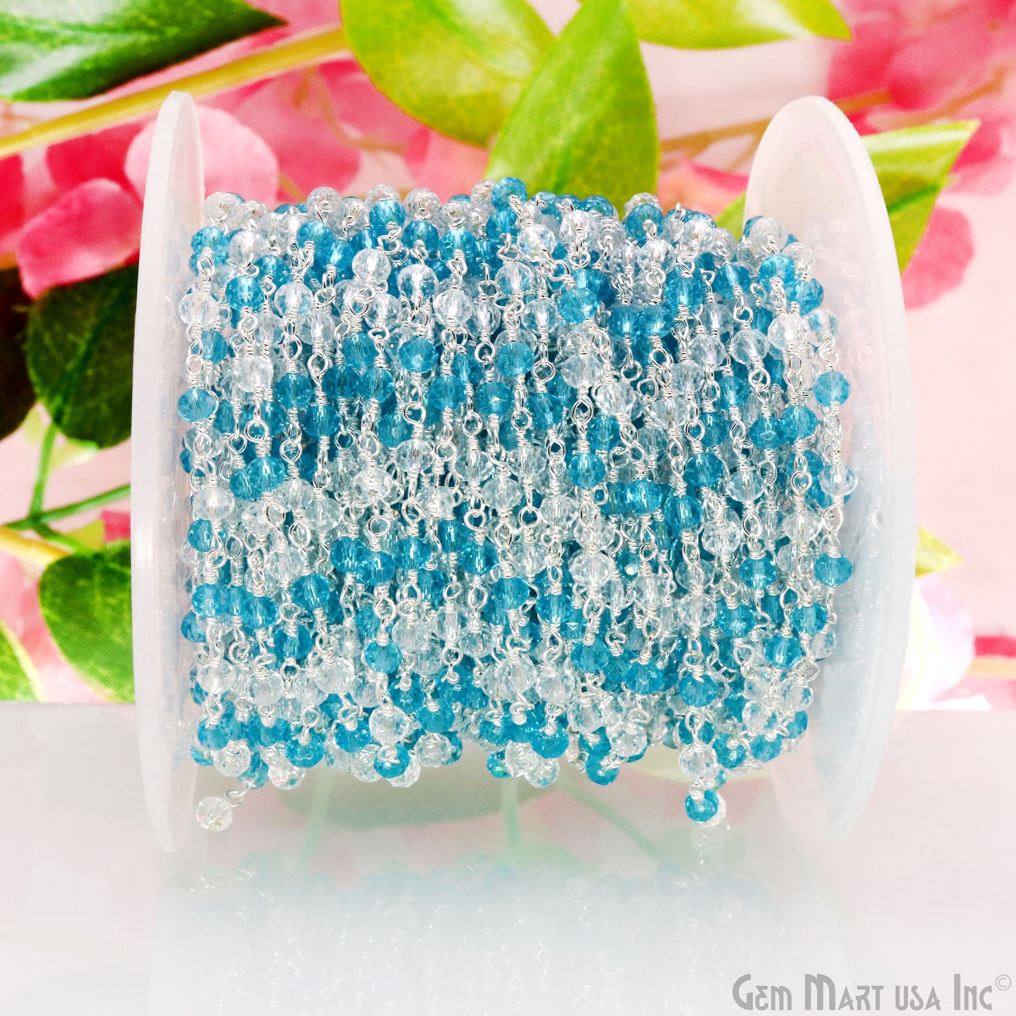 White & Blue Cubic Zirconia Silver Plated Wire Wrapped Rosary Chain