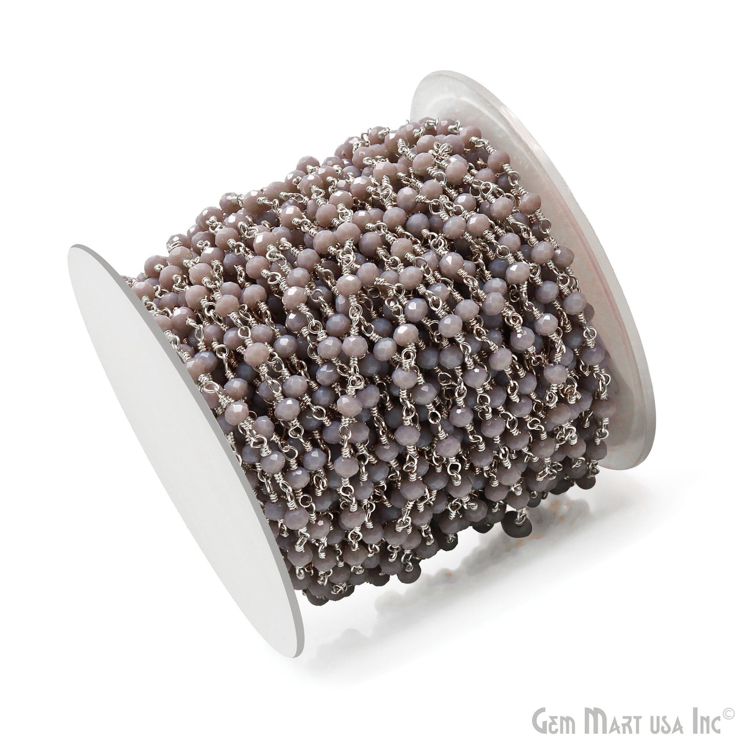 Coated Grey Jade 3-3.5mm Silver Plated Wire Wrapped Rosary Chain