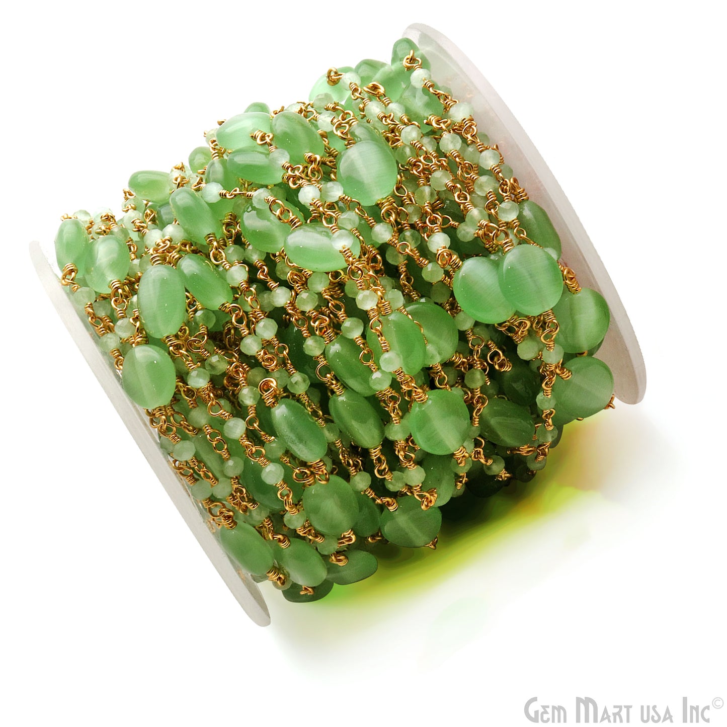 Green Monalisa 10x7mm Smooth Tumble Beads & 2.5-3mm Round Beads Gold Plated Rosary