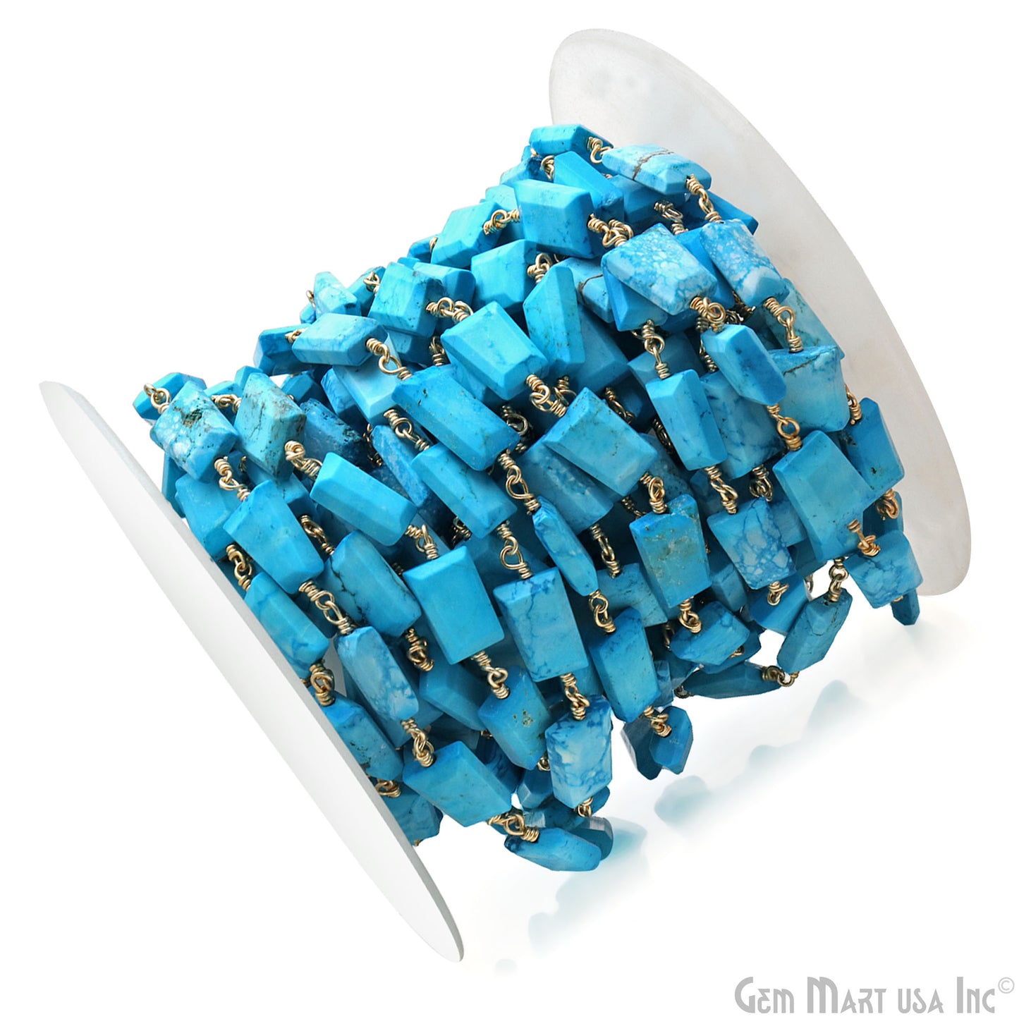 Turquoise 12x8mm Smooth Tumble Gold Wire Wrap Bead Rosary Chain