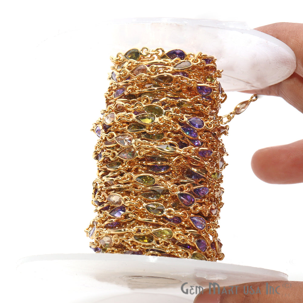 Multi Color Zircon 6x4mm Pear Shape Gold Plated Continuous Connector Chain - GemMartUSA