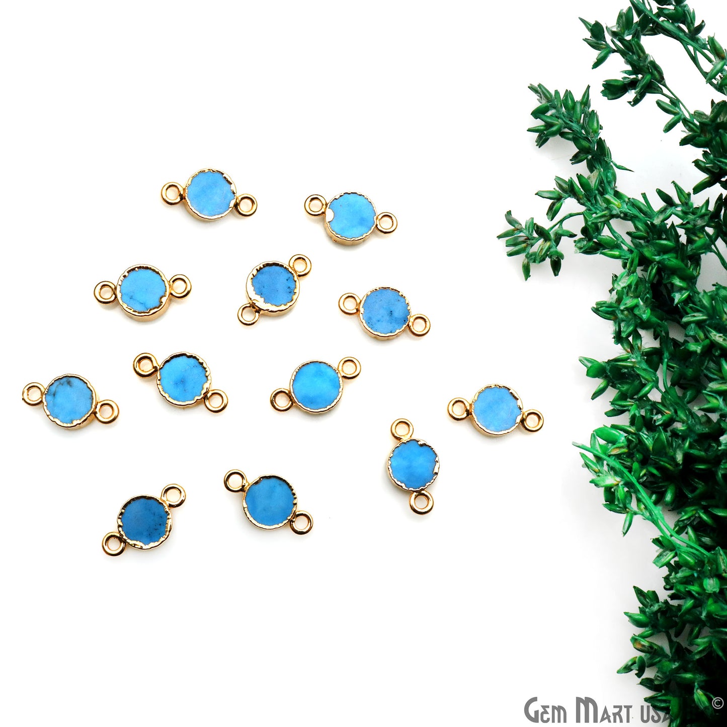 Turquoise Round 8mm Gold Electroplated Double Bail Gemstone Connector