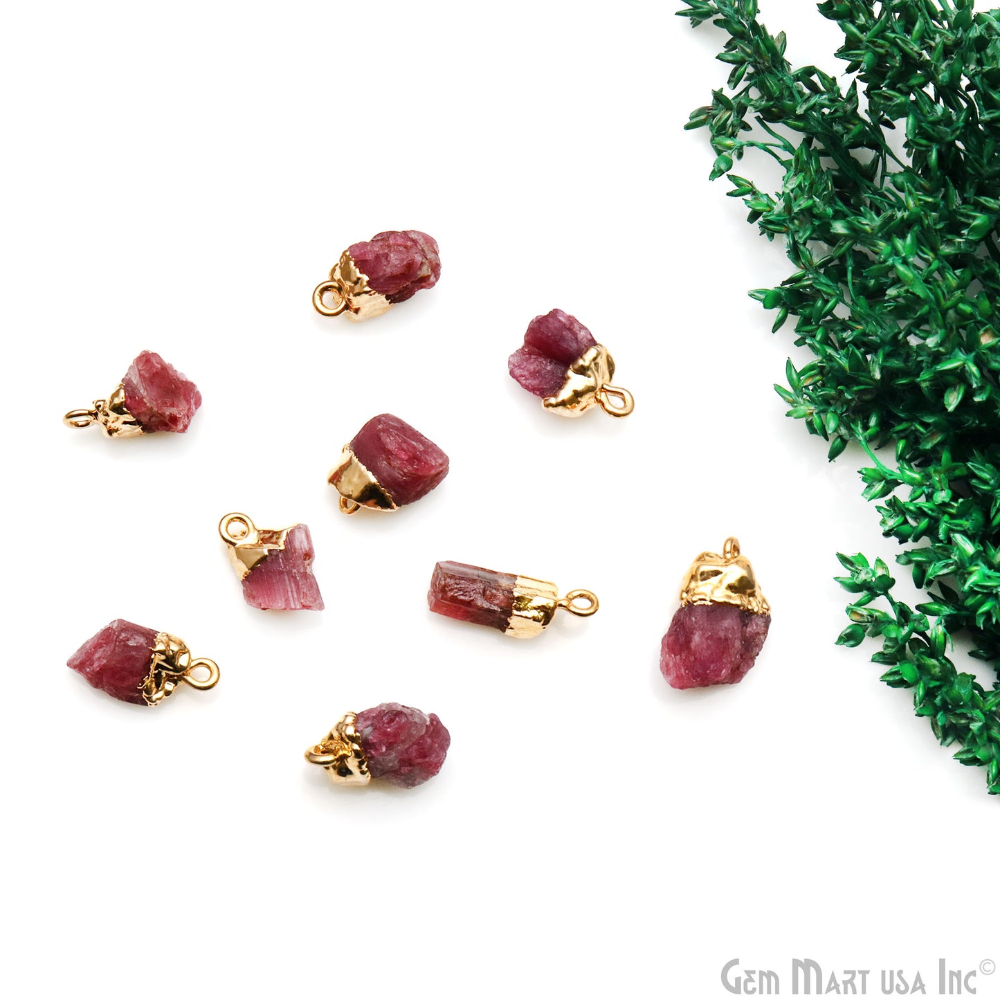 Rough Pink Tourmaline Gemstone Gold Electroplated Single Bail Connector Charm
