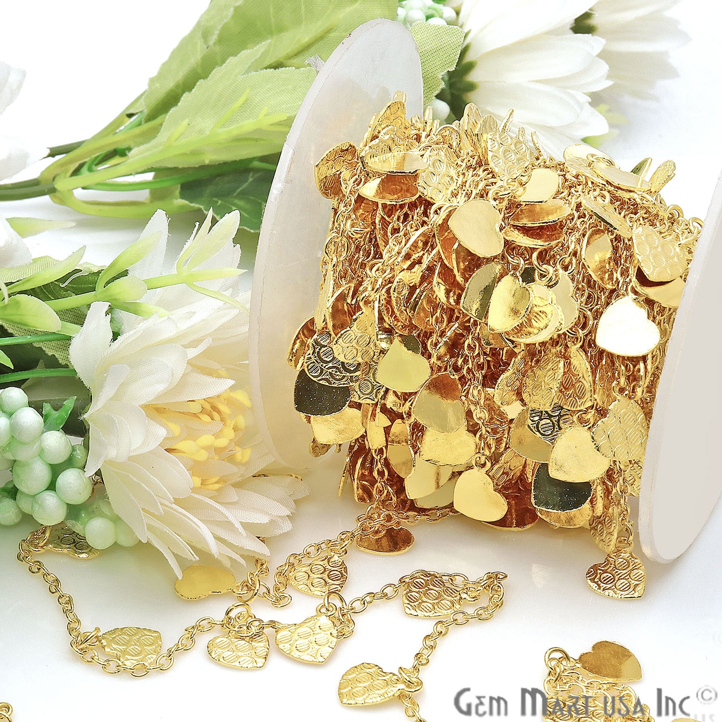 Heart Shape Finding Chain 9mm Gold Plated Station Rosary Chain - GemmartUSA