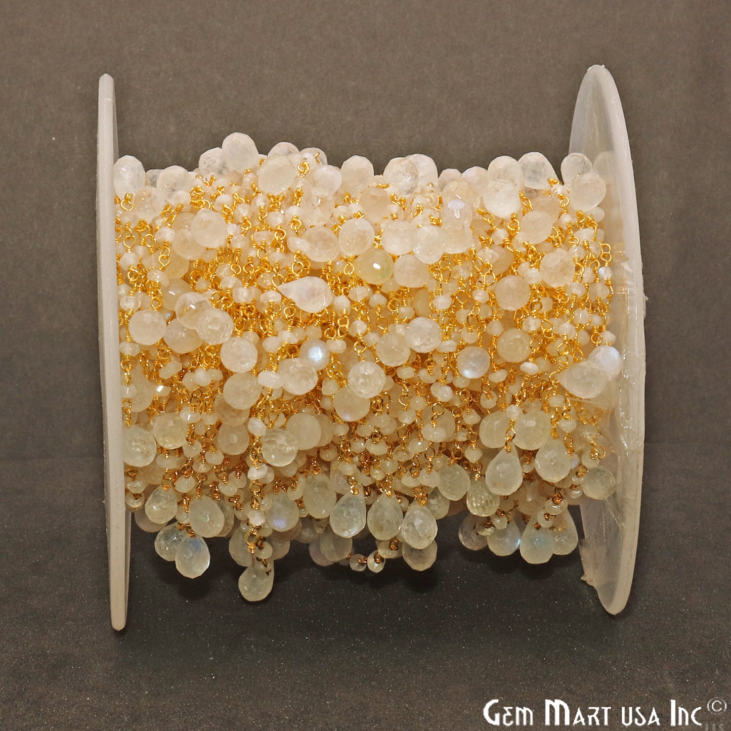 Rainbow Moonstone Gold Wire Wrapped Drop Beads Cluster Rosary Chain - GemmartUSA