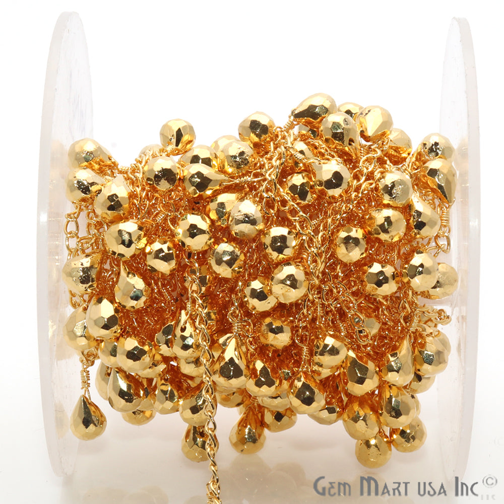 Golden Pyrite Beaded Gold Wire Wrapped Dangle Rosary Chain - GemmartUSA