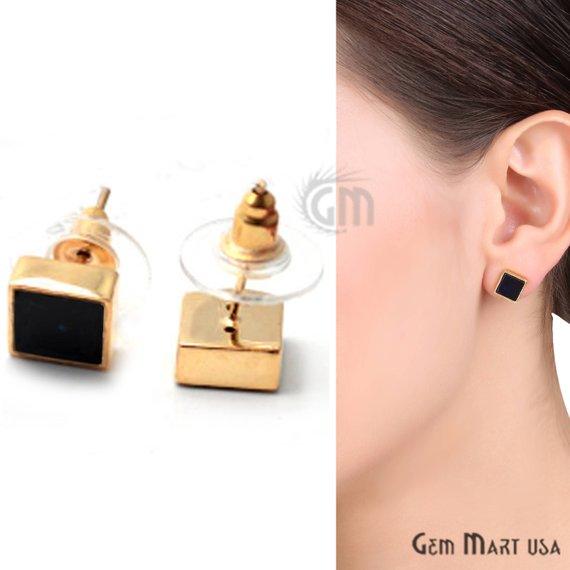 Square Shape Studs, 8mm Gold Plated Gemstone Studs Earring 1pc Choose Your Gemstone (90022-1) - GemMartUSA
