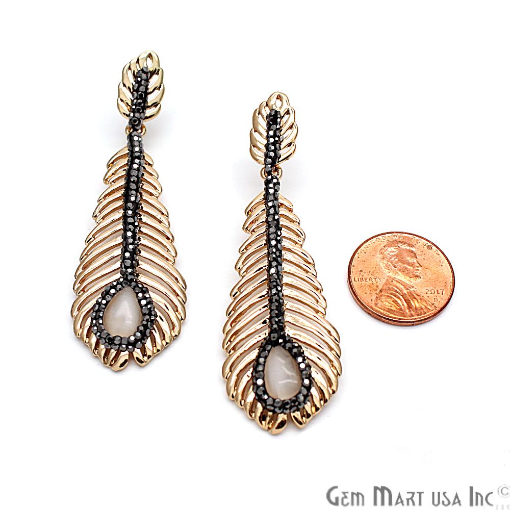 CZ Feather Monalisa Earring, Gold Plated, Dangle Earrings, Cubic Zircon Earrings (CHPR-50100) - GemMartUSA