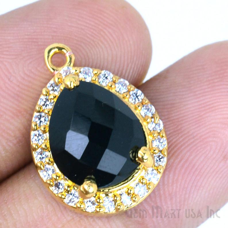 Black Onyx Gemstone 10x12mm Pear Shape Cubic Zirconia Prong Setting Gold Connector - GemMartUSA