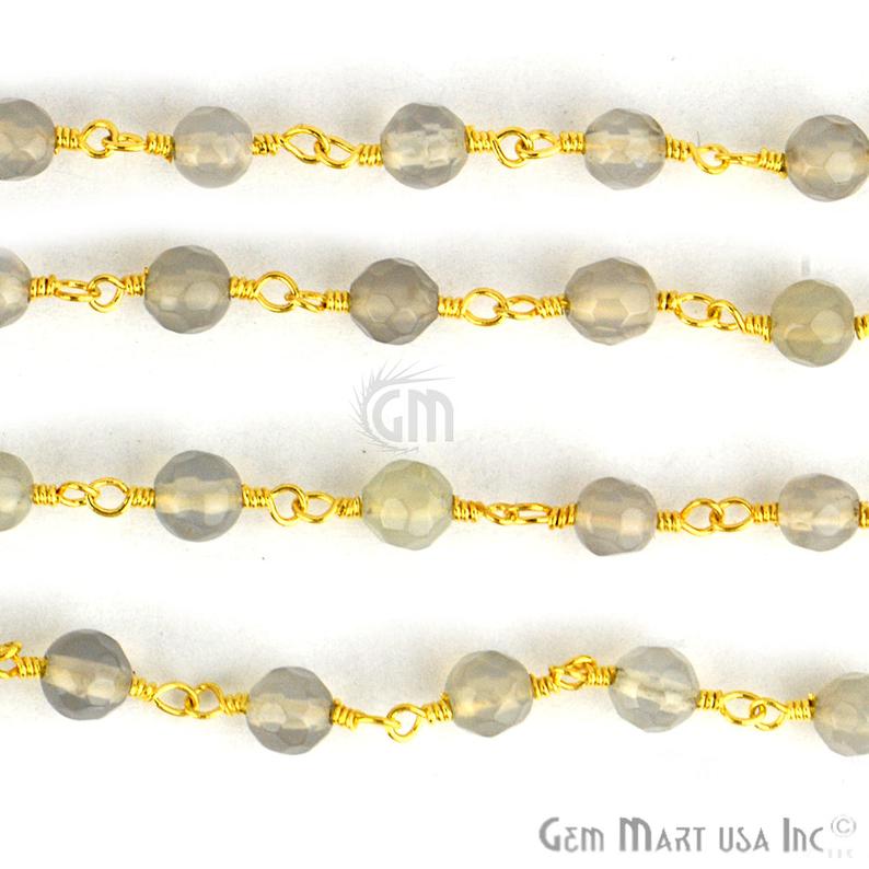 Grey Jade Faceted Beads 4mm Gold Plated Wire Wrapped Rosary Chain - GemMartUSA