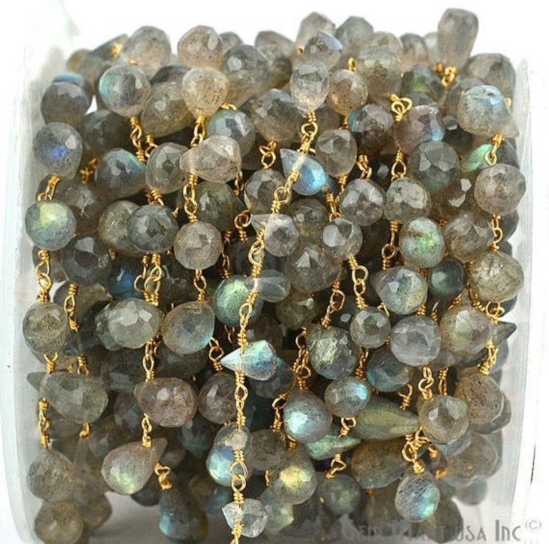 Labradorite Faceted Tear Drops Gold Wire Wrapped Briolette Rosary Chain - GemmartUSA