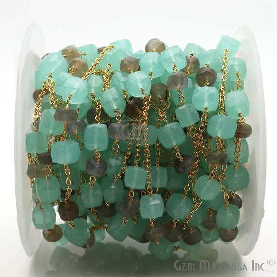 Aqua Chalcedony & Labradorite Gemstone Gold Plated Link Rosary Chain - GemmartUSA