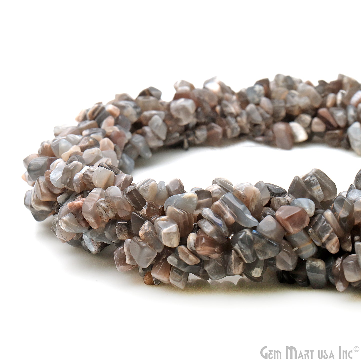 Gray Moonstone Chip Beads, 34 Inch, Natural Chip Strands, Drilled Strung Nugget Beads, 7-10mm, Polished, GemmartUSA (CHGM-70004)