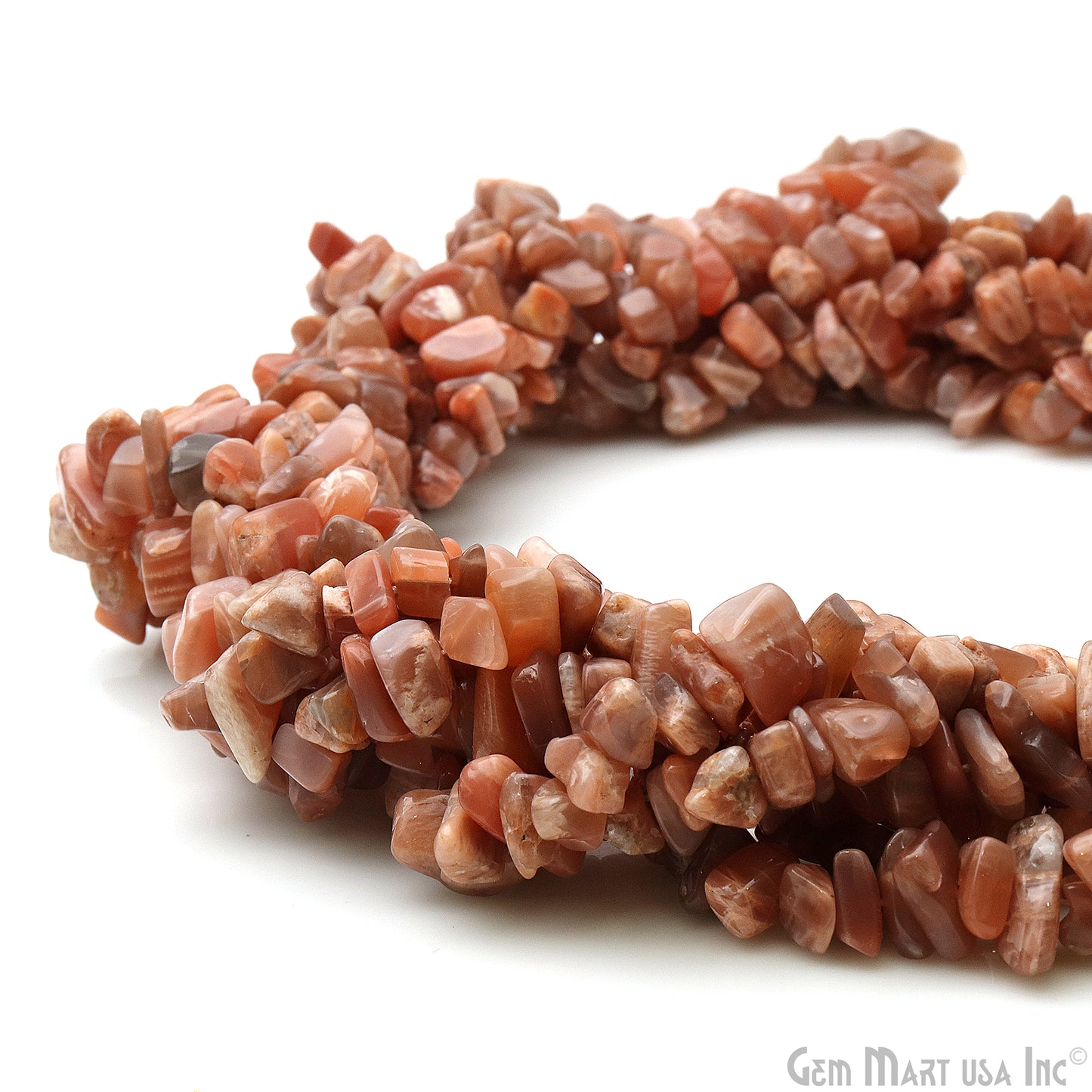 Peach Moonstone Chip Beads, 34 Inch, Natural Chip Strands, Drilled Strung Nugget Beads, 7-10mm, Polished, GemmartUSA (CHMO-70004)