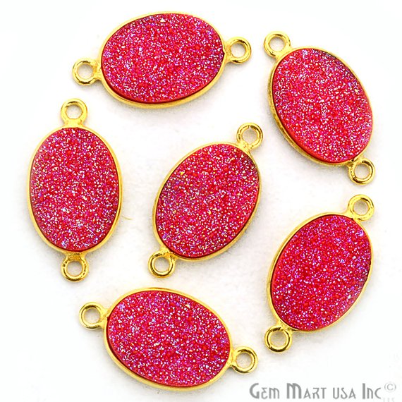 Synthetic Faux Druzy 10x14mm Oval Bezel Gemstone Connector (Pick Color, Bail, Plating) - GemMartUSA